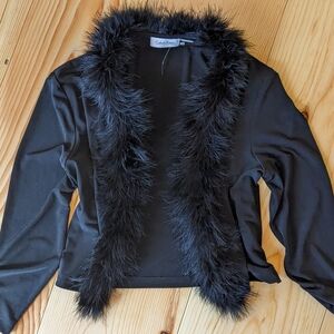 Y2K Feather Trim Cardigan Calvin Klein Black Bolero Shrug Size M